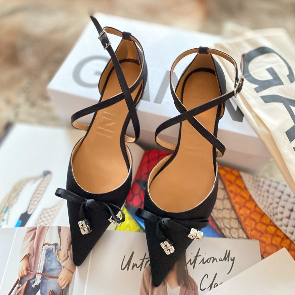 GANNI Satin Butterfly Pointy Ballerina Flats